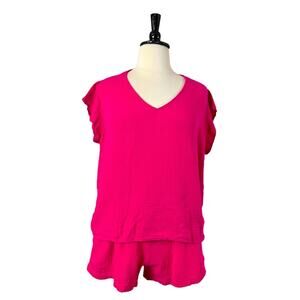 Three Dots Short Set Double Gauze Cotton 4” Inseam V Neck Hot Pink Women’s XXL